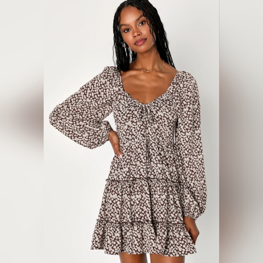 Lulu's Sweetheart Aura Brown Floral Balloon Sleeve Skater Mini Dress